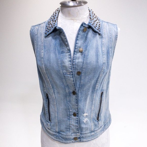 Guess M Sleeveless Jean Jacket Vest Layer Studded Collar Crop Top Layer - Picture 16 of 16